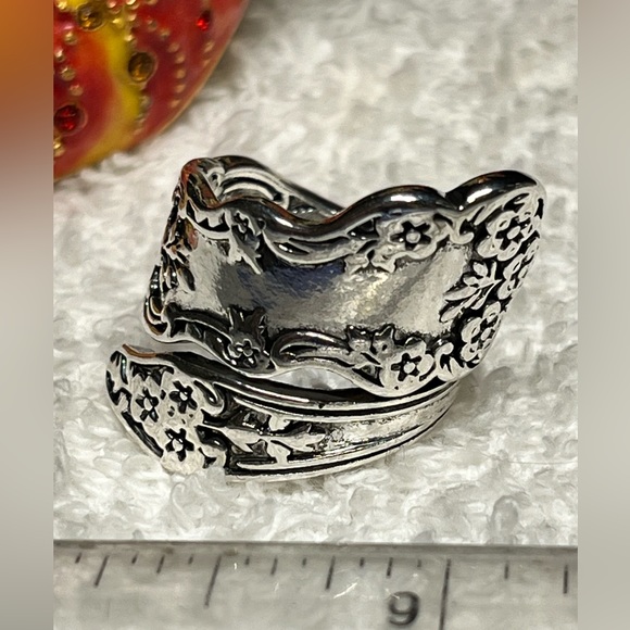 Plated spoon ring -wide band -artisan -carved -unique - Picture 6 of 11